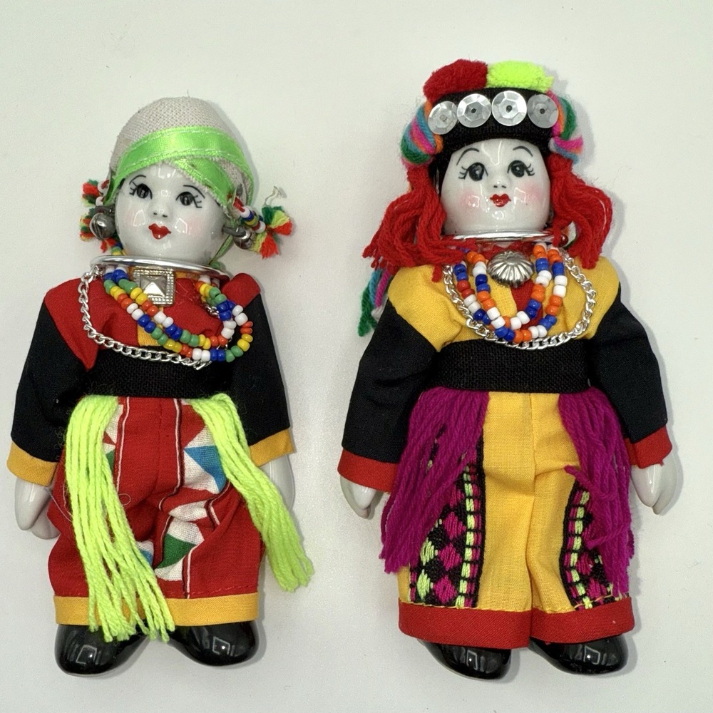 Vintage Thai Hmong Porcelain Doll Set Of 2 Traditional Clothes Hand Painted